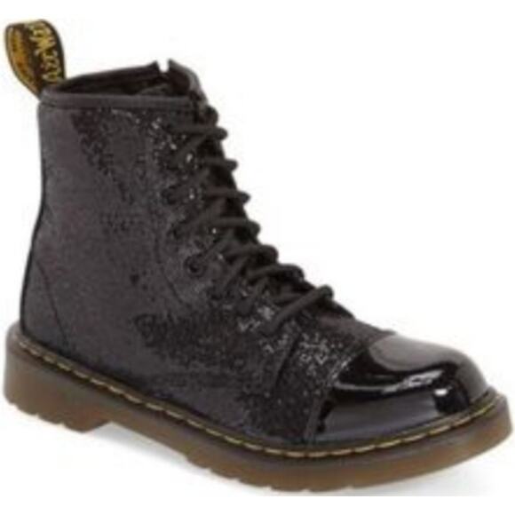 Dr. Martens 1460 Pooch Combat Boots Patent Leather Glitter Lace Up Black M4 L5 - Picture 1 of 7